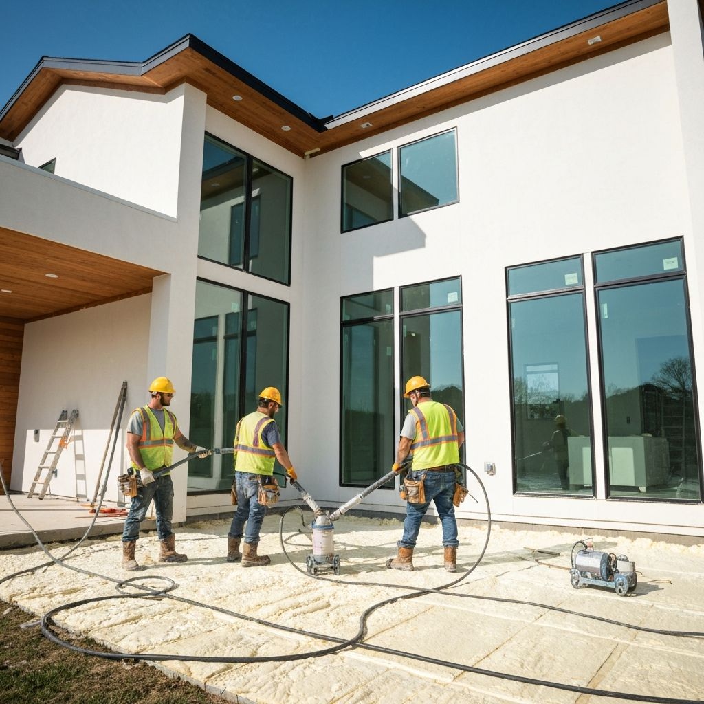 Professional spray foam insulation contractors working on a residential home